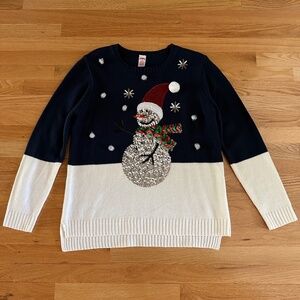 Holiday Time Sequin Snowman Blue White Sweater Size Large (12-14)